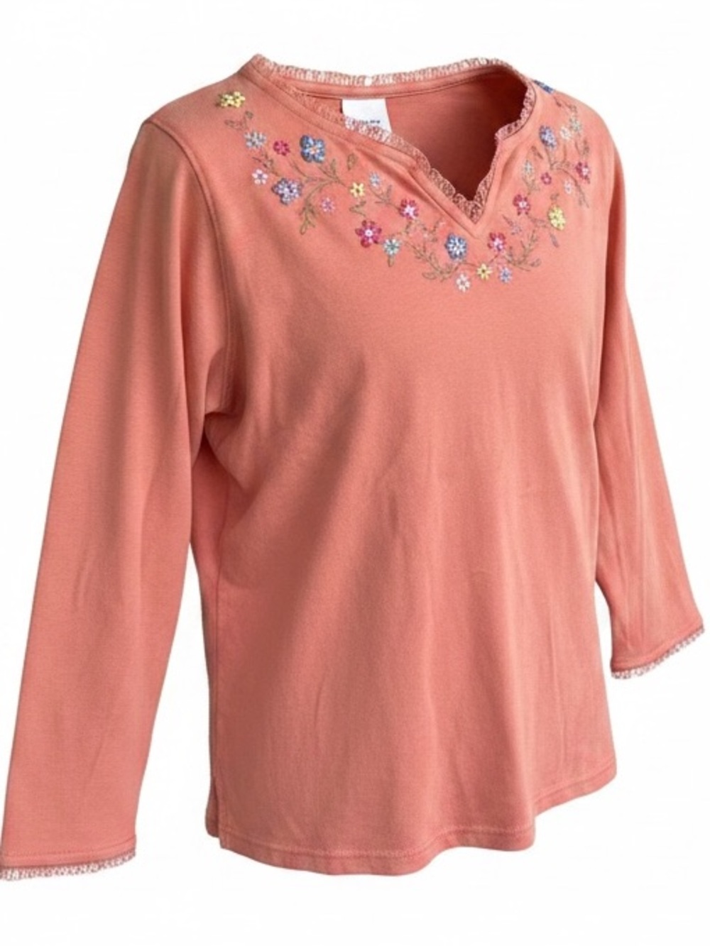 Studio Collection VTG Woman’s V-Neck 3/4 Sleeve Coral Tee Floral Accent EUC SZ L